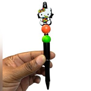 HK Handmade Beaded  Black Pen with Colorful Beads
